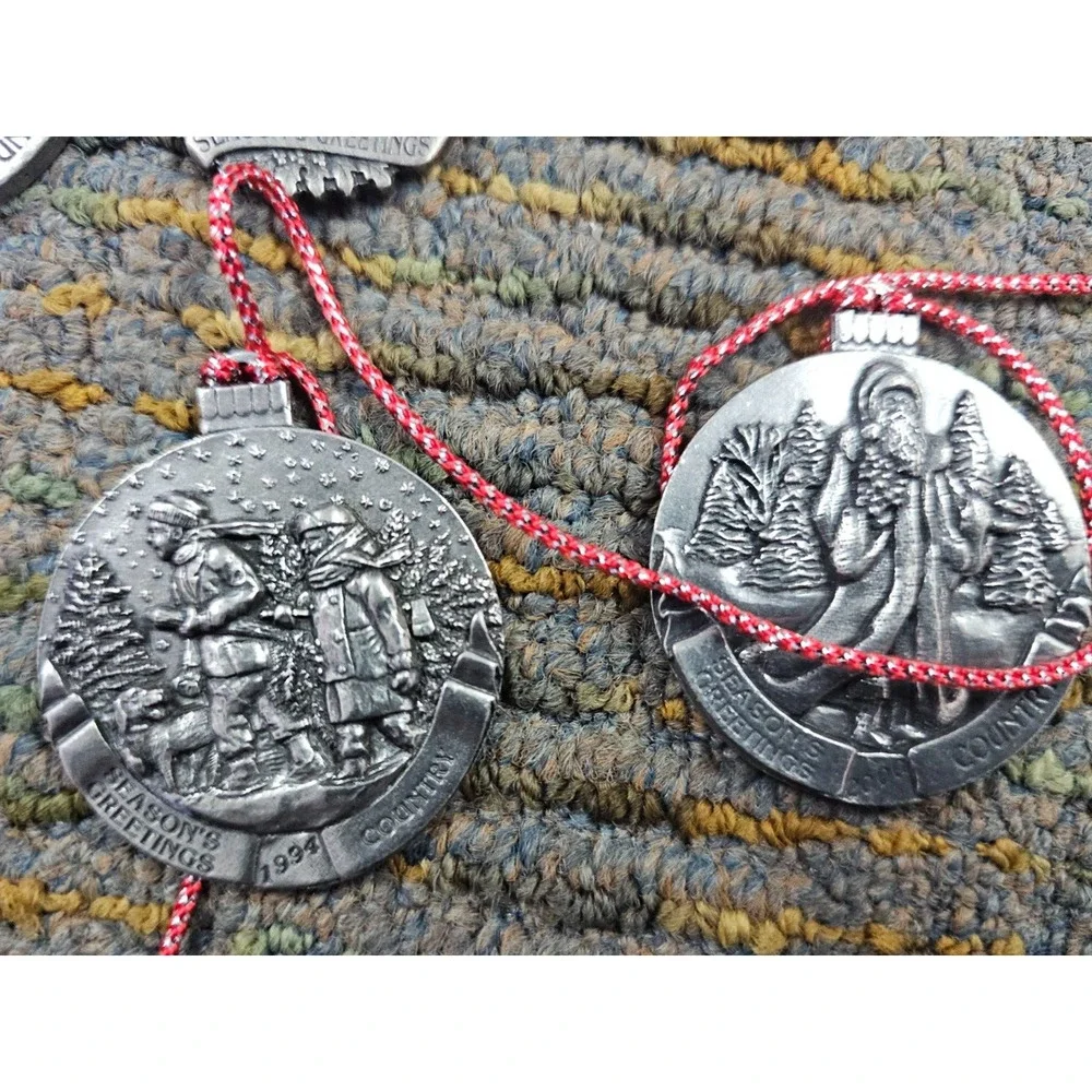 Set of 11 Country Promotional Pewter Christmas Ornament 1.75in Seasons Greetings